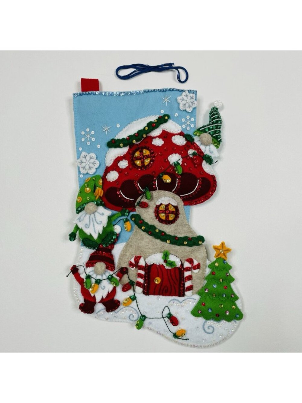 NEW Completed Bucilla Gnome for Christmas Felt Stocking Handmade 89473E Mushroom
